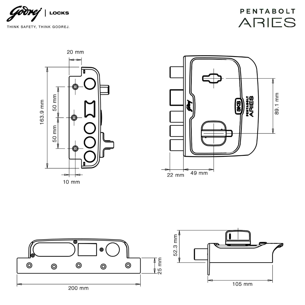 Godrej Rim Lock I Pentabolt Aries 3KS I 5 Bolts I 1CK Deadbolt I For Home Main Door I for Inside Opening Door l Left Right Handed Doors I 4Keys I 15 Year Warranty I Manual Locking I Vegas Gold Finish